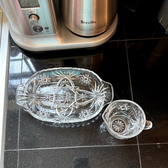 Dining Vintage Glass Star Pattern Creamer Pitcher And Oval Serving